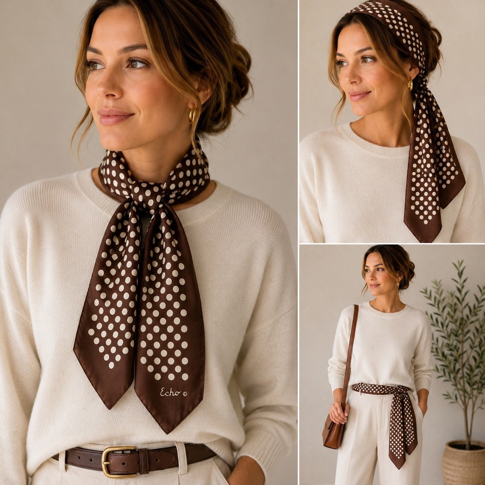 Echo Brown White Polka Dot Oblong Scarf Vintage Style Rectangular 46x15